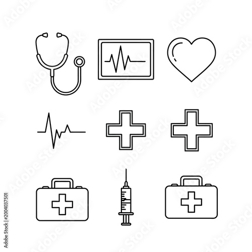 Medical Icons Set: Stethoscope, Heart, ECG, Syringe, First Aid Kit, Cross