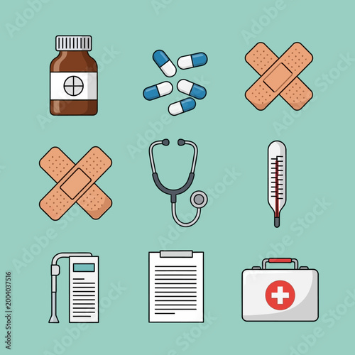 Medical Icons Set: Stethoscope, Pills, Bandages, Thermometer, First Aid Kit, Clipboard
