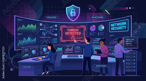 Schilderij op canvas Cybersecurity experts monitoring threat detection systems in a futuristic contro