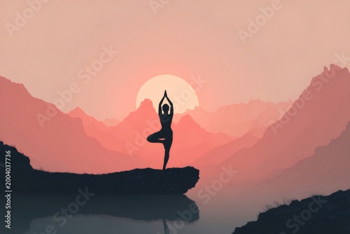Silhouette of a woman finding balance in a yoga tree pose on a cliff by a lake, with a vibrant sunset and mountains