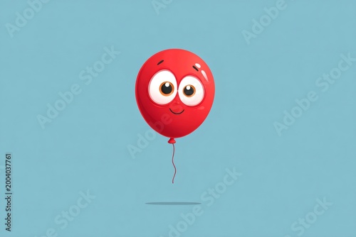 Cheerful red cartoon balloon character floating in the air, expressing happiness and celebration on a light blue background