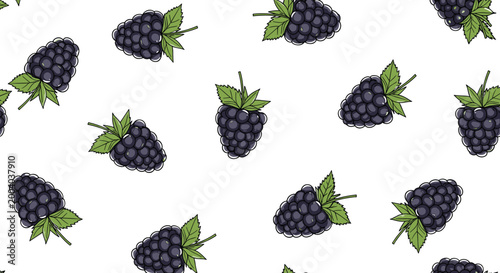 Seamless pattern of ripe blackberries with green leaves repeating across a clean white background for food and garden designs.
