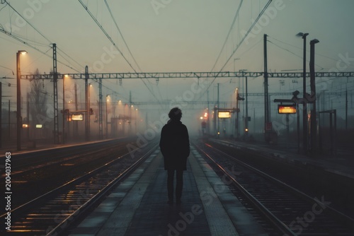 Solitary figure standing on a railway platform at dawn or dusk, tracks leading into a foggy, atmospheric distance. Travel and uncertainty concept