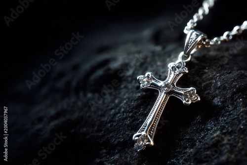 Silver cross pendant with clear stones resting on a dark, textured surface, representing spirituality, hope and devotion