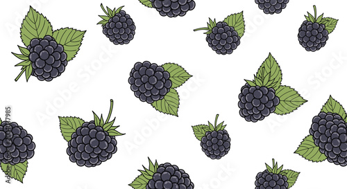 Detailed seamless pattern of dark purple blackberries and green leaves repeating on a white background for fresh fruit themes.