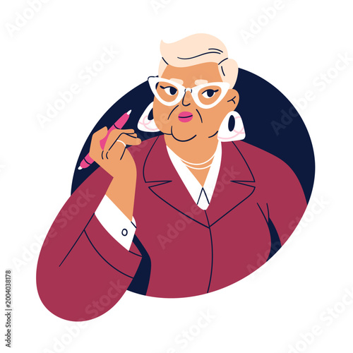 Senior business woman in glasses looking, peeking with pen in hand. Mature fe...