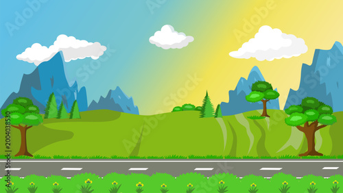 Beautiful minimalist vector illustration of a natural landscape with mountains and forests, perfect for use as a background, travel posters, and outdoor designs.