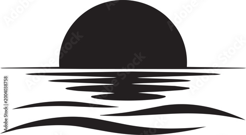 a striking black silhouette depicting a setting sun over a calm ocean