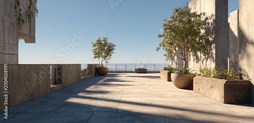 Modern terrace with potted trees and ocean view under bright sunlight