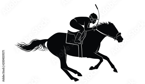A dynamic black silhouette depicts a jockey riding a galloping horse showcasing speed and athleticism in a striking form silhouette high quality professional detailed