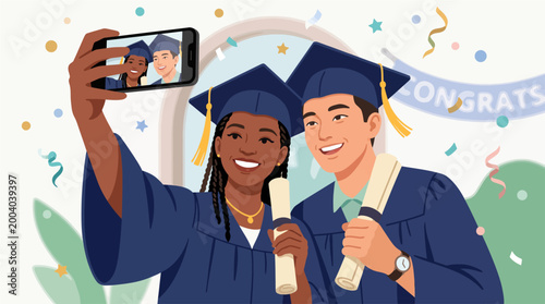 Foto Two diverse graduates in blue caps and gowns taking a selfie with diplomas celeb