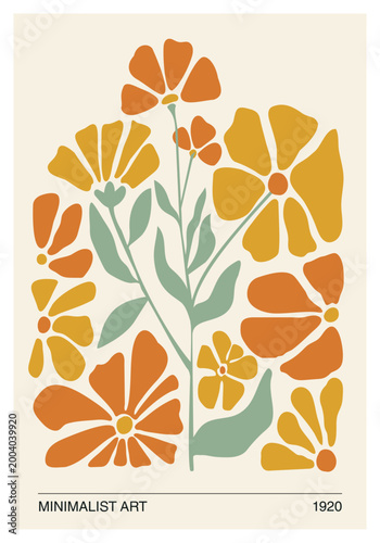 Abstract Botanical Minimalist Flowers Poster in Warm Earthy Colors, Mid Century Modern Floral Illustration