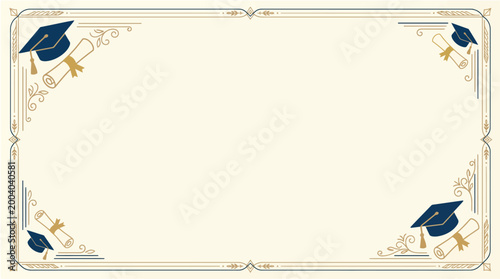 Fotografie Graduation certificate template with blue cap and gold tassel border on cream ba