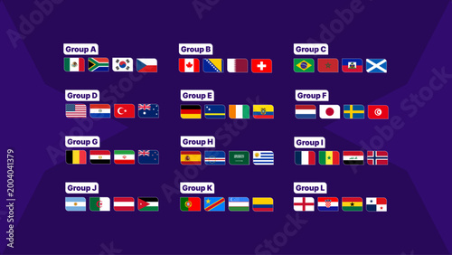 Tableau sur toile FIFA Vector set of 2026 World Cup participating team flags organized by groups A to L