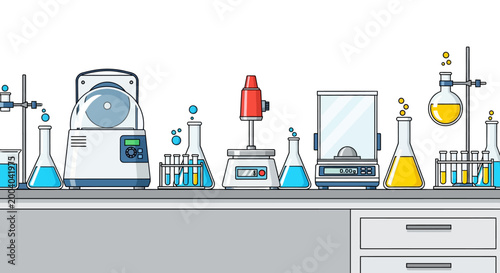 Modern Science Laboratory Interior With Centrifuge Magnetic Stirrer and Digital Scale on White Background