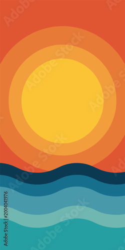 Stylized Sunset Over Abstract Ocean Waves Flat Design background