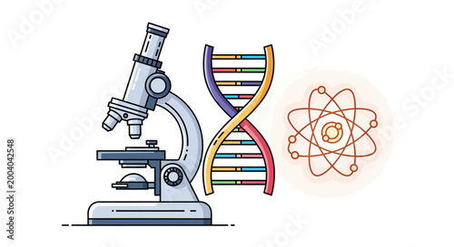 Scientific Research Equipment Set Featuring Modern Microscope DNA Double Helix and Glowing Atom Icon on White Background