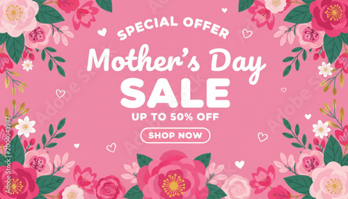 Mother's Day Sale Banner with Pink Floral Border and 50% Off Special Offer.  Elegant Pink Floral Background for Mother's Day Sale Promotion - Vector Illustration, 50% off poster, 