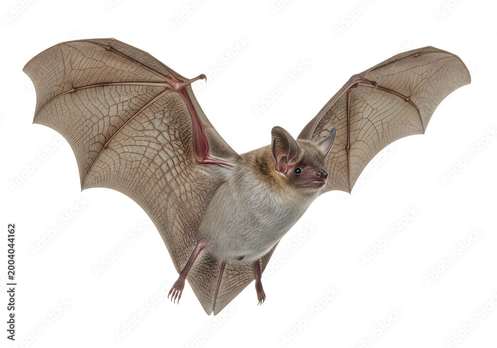 Obraz premium A flying bat with detailed wings and highlighted sensory spots on its head isolated on white background