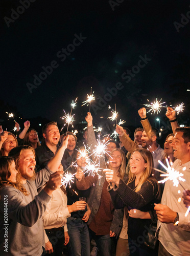 A jovial gathering of friends or family members on a darkened background, enjoying the glow of sparklers and each other's company.