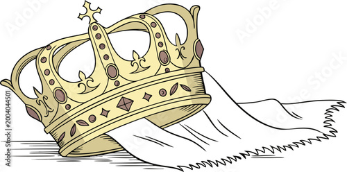 Konstfotografi A detailed illustration of a golden royal crown with a white fabric cloth draped
