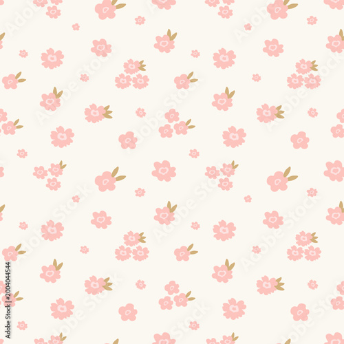 Seamless pattern with small pink flowers on warm beige background for feminine surface and textile design