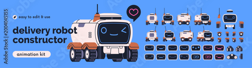 Delivery robot constructor, animation kit. AI auto courier for delivering ser...