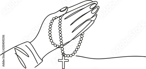 Tableau sur toile Continuous line drawing of praying hands with a rosary