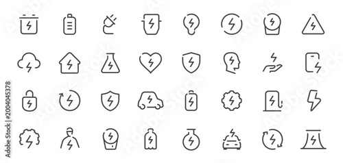 Energy and electricity line icons set. Battery, charging, power symbols