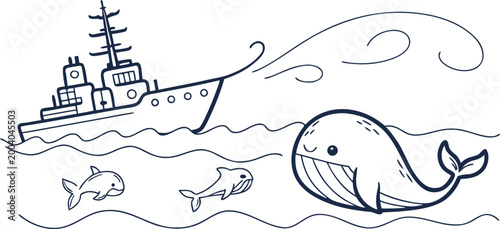 Tableau sur toile Cute cartoon line art illustration of a ship, whale, and dolphins in the ocean