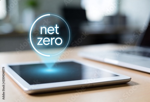 Tablet on Desk Displaying Net Zero Concept in Modern Workspace