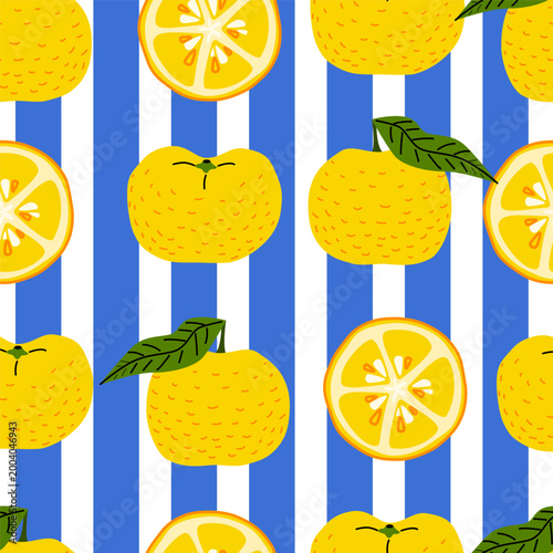 Vibrant Yuzu Fruit and Slices on Blue Striped Seamless Pattern Background
