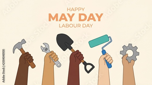 Diverse hands holding labor tools celebrating may day and labour day with a beige background
