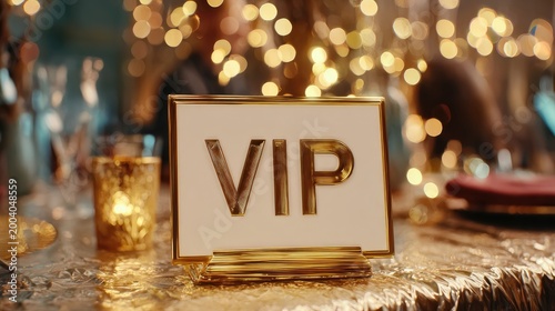 golden vip sign on a table in a bar decorated with lights