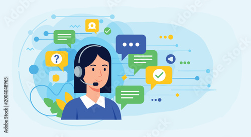 Customer service representative with a headset and chat bubbles around her, Generative AI.