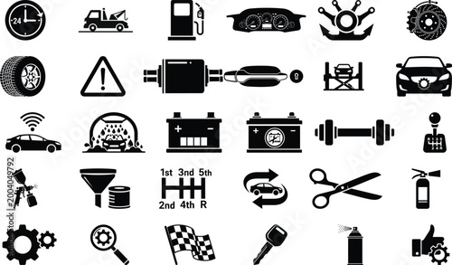 Comprehensive car icons with engine parts, diagnostic tools, and vehicle maintenance symbols.