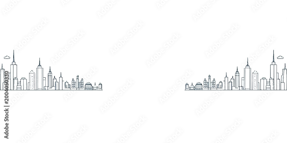 Fototapeta premium Vector illustration of an abstract city landscape featuring a black silhouette skyline with urban buildings and trees under a minimalist sky
