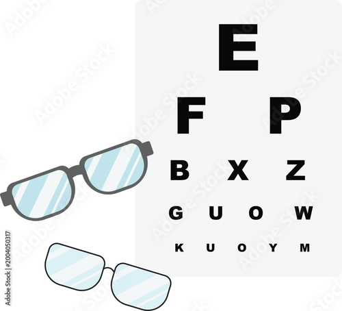 Vector illustration of an eye test chart with eyeglasses, representing vision testing, eye care, and optometry services. Ideal for concepts related to eye exams, optical clinics, and healthcare.