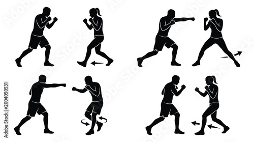 Tableau sur toile Set of boxing silhouettes, man and woman training, sparring partners, punching a