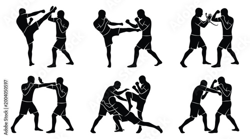 Bild auf Leinwand Set of kickboxing and martial arts fighting silhouettes, combat sports athletes