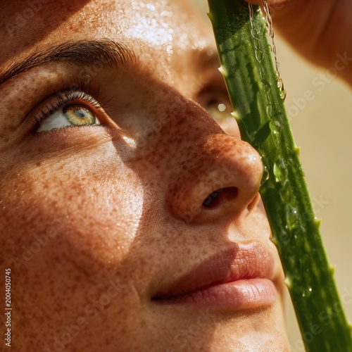 Close‑up of freckled face with water drops and aloe leaf, natural light highlighting fresh hydrated skin and organic beauty