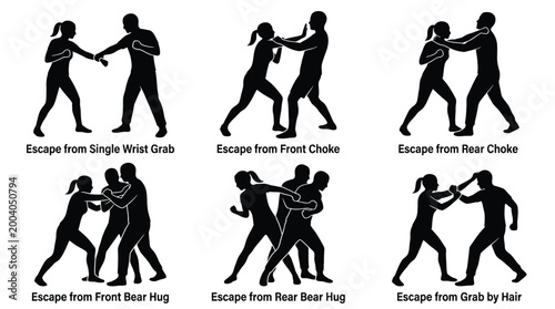Schilderij op canvas Set of self defense techniques for women, vector illustration