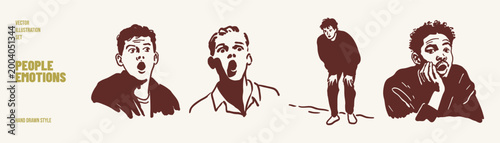 Surprised people facial expressions shock emotion set. Characters with open mouths and amazed reactions in different poses. Illustrations for emotion icons in hand drawn sketch style.