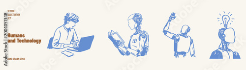 Robot reading book learning idea concept set. Person using laptop and machine with light bulb symbol included. Illustrations for education tech and innovation themes in hand drawn sketch style.