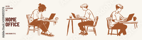 Focused freelancer typing laptop calm routine home office set. People working at table with coffee, steady posture. Illustrations for remote work and productivity content in crayon drawn sketch style.