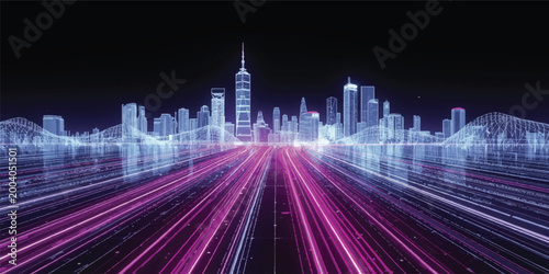 Abstract blue digital background featuring a glowing night cityscape with urban traffic light trails on a downtown highway street