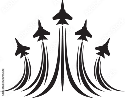 Cuadro en lienzo Five fighter jets flying upward in formation with smoke trails Vector