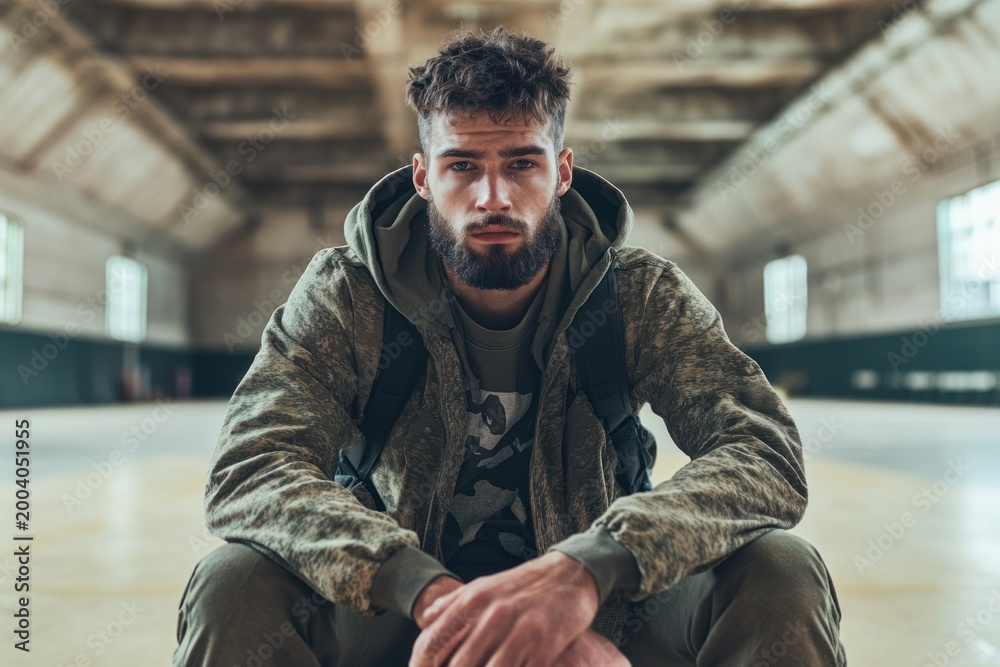 Fototapeta premium Portrait of a stylish young man with a beard sitting in an industrial interior with brick walls