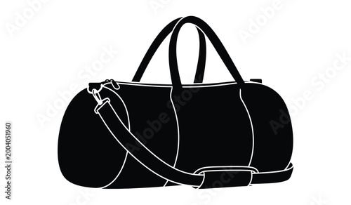 A striking black and white illustration depicts a duffel bag with a shoulder strap emphasizing its form and function as a travel accessory silhouette
