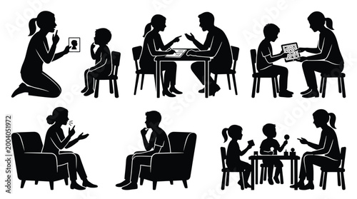 Set of silhouettes of speech therapy sessions, child development, educational activities, and professional counseling with kids and adults